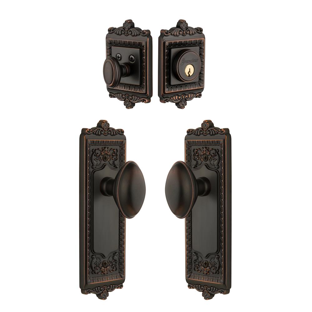 Grandeur by Nostalgic Warehouse Single Cylinder Combo Pack Keyed Differently - Windsor Plate with Eden Prairie Knob and Matching Deadbolt in Timeless Bronze